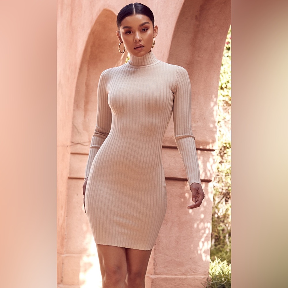 House of CB Mayxa stone rib bandage turtleneck dress